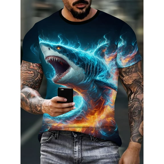 1 Piece Summer Casual Crew Neck T-Shirt - Polyester Knit Fabric Regular Fit, Animal Pattern, Suitable for Adults' Weekend Casual Wear - Shocking Shark and Ocean Flame Design