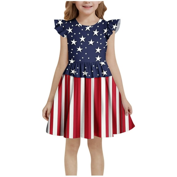 Posijego Girls 4th of July Dresses Star Printed Ruffle Sleeve Dresses Independence Day Dresses for Little Girls