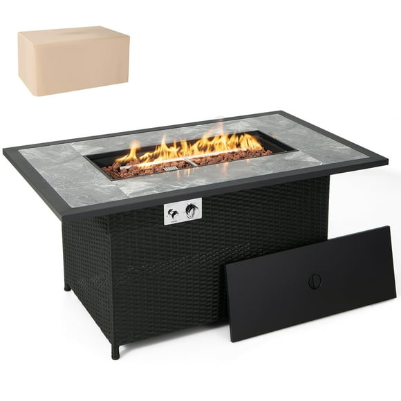 Costway 52" Propane Fire Pit Table Marble Tabletop Rattan Wicker w/ Rain Cover Lava Rock