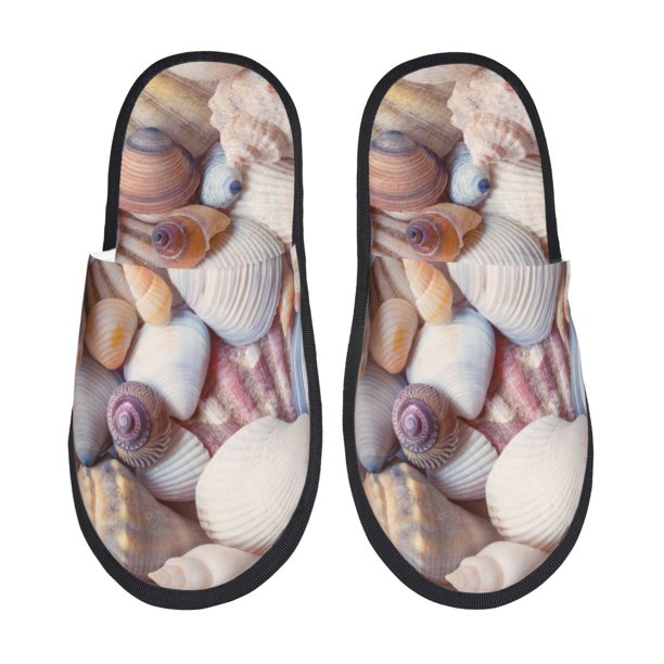 Balery Sea Shells Pantuflas de Casa de Felpa Silenciosas con Diseño Estampado, Zapatillas Cómodas Antideslizantes de Algodón para Interior-Medium
