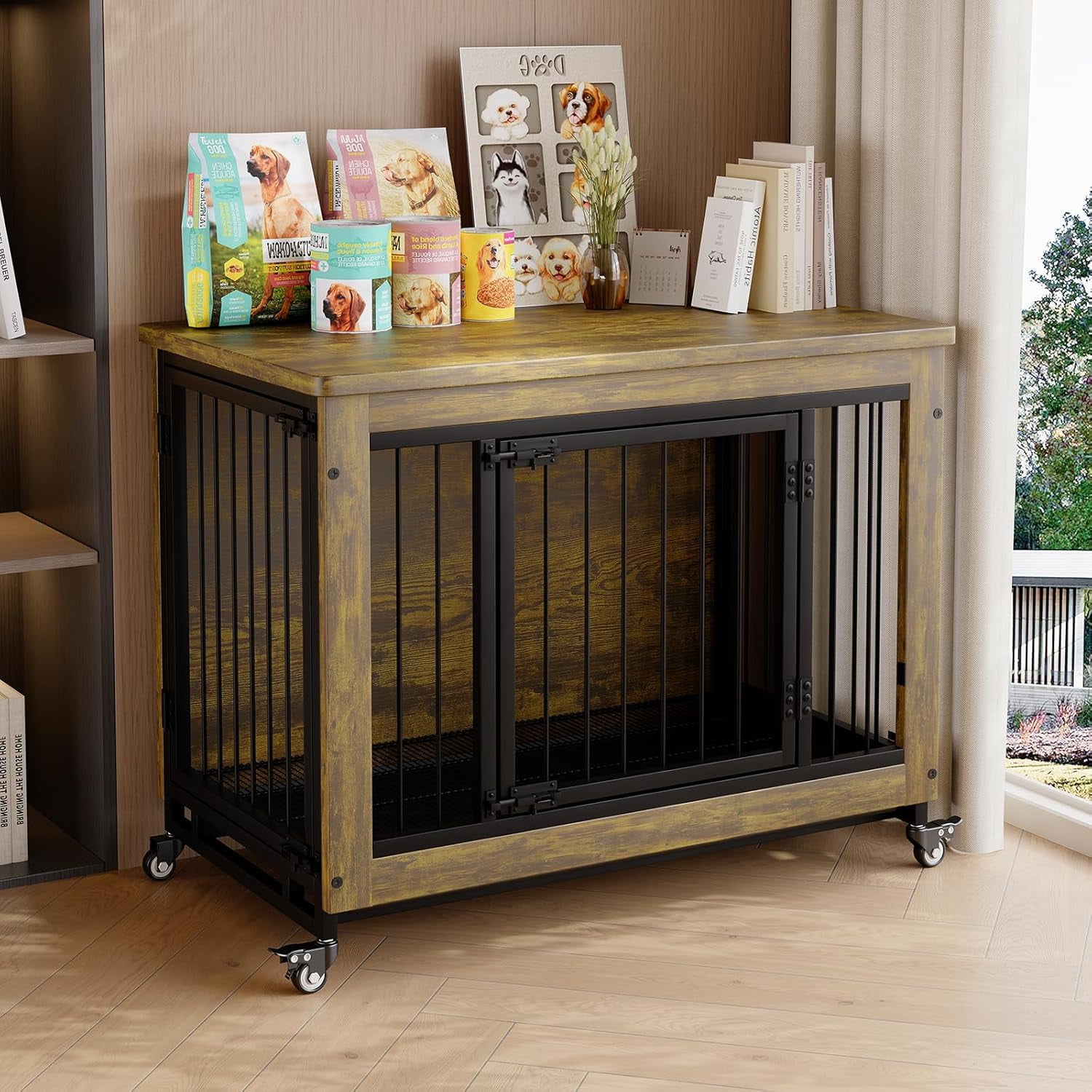 Home Indoor 38.6 Inch Wooden Pet Dog Crate Furniture, Three-Door Design with Wheels, Kennel and Side Table, Includes Removable Tray, Suitable for Small to Medium Dogs, Easy to Clean