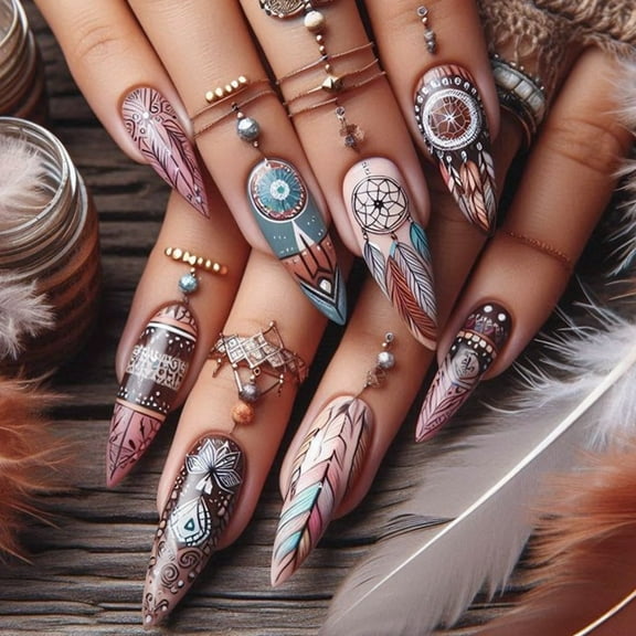 Yoyauz 24pcs Long Pointed Nail Fake Nail With Mandala Style Design Charm Acrylic Nail Halloween Suitable For Girls And Women