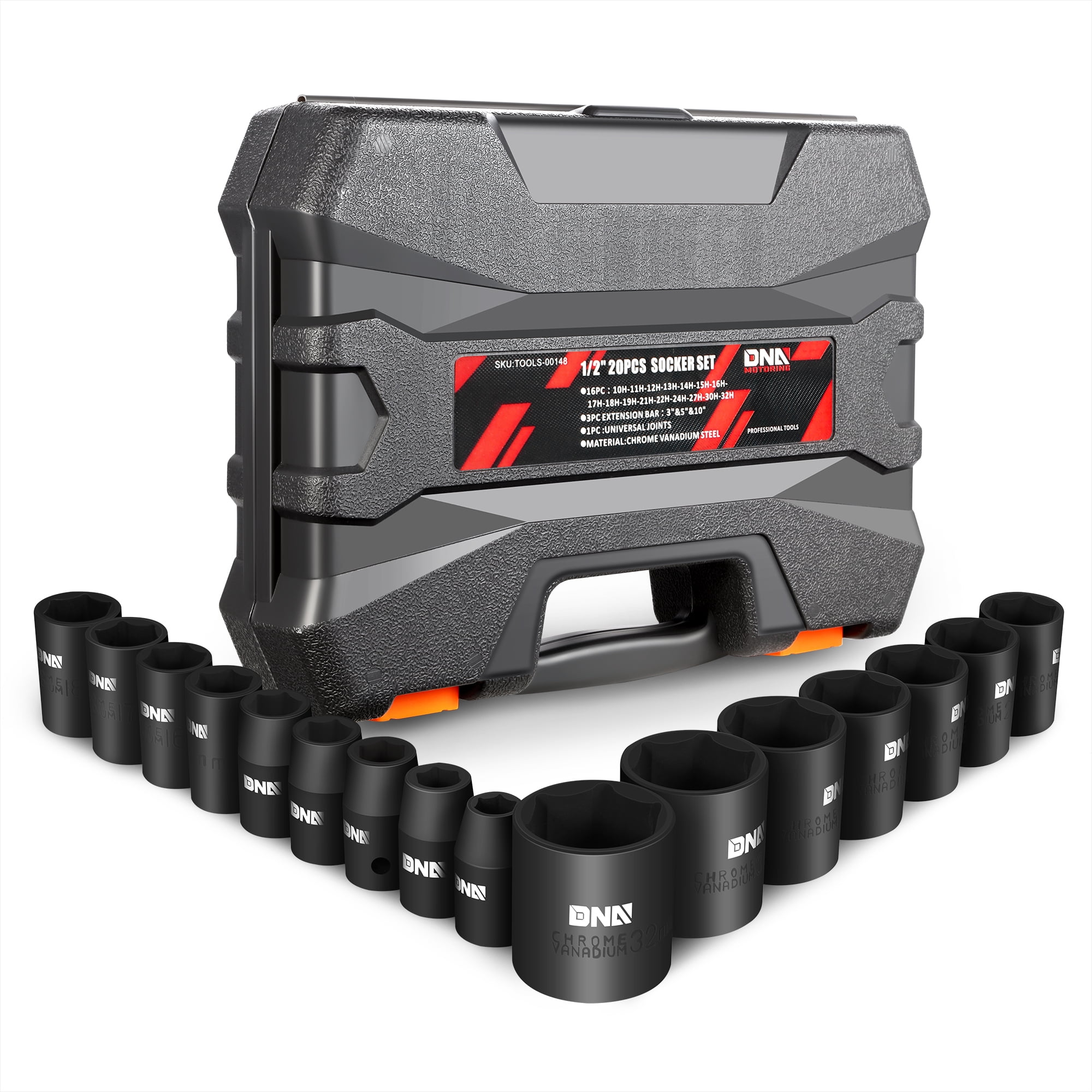 DNA Motoring TOOLS-00148 20 Pcs 1/2" Drive Metric Deep Impact Socket Set 10-32mm w/ Extension Bars & Joint With Carry Case