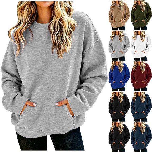 cocolona Oversized Pullover Sweatshirts for Women Long Sleeve Crew Neck Shirts Loose Fit Solid Color Fall Tops with Pockets