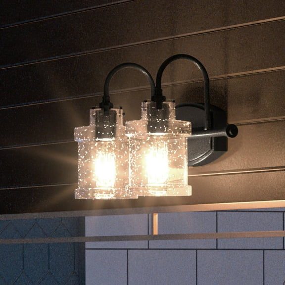 Luxury Modern Farmhouse Indoor Bath Fixture, 9.75''H x 16.25''W, with Vintage Style Elements, Traditional Design, Natural Black Finish and Clear Seeded Glass, UQL3976