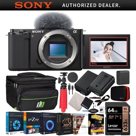 Sony ZV-E10 Mirrorless Alpha APS-C Interchangeable Lens Vlog Camera (Body Black) ILCZV-E10/B Bundle w/ Deco Gear Photography Case + Extra Battery + Photo Video Kit | Official Sony USA Partner