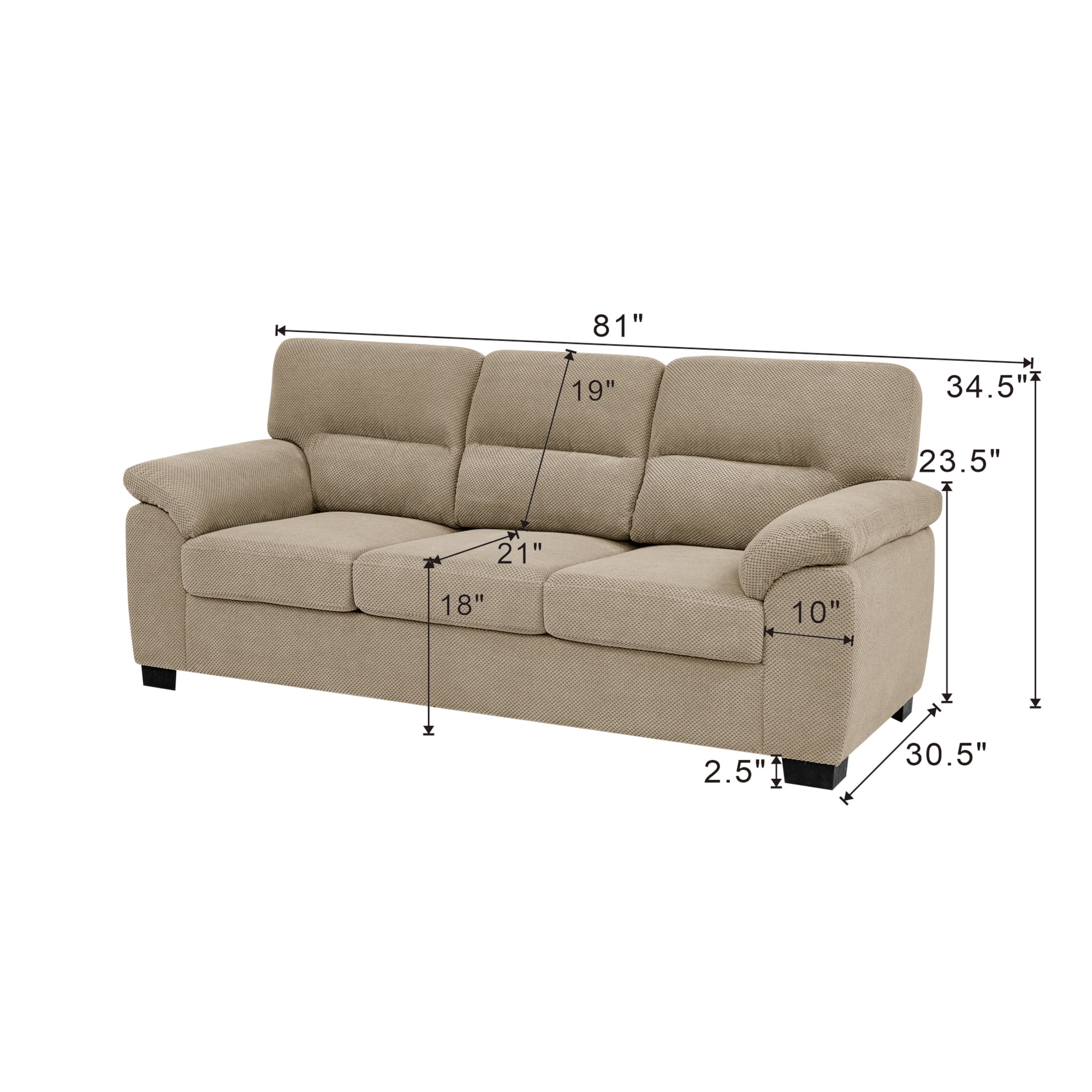 Noble House 81" Modern 3-Seater Sofa, Textured Polyester Upholstery, Pillow Top Arms, Camel