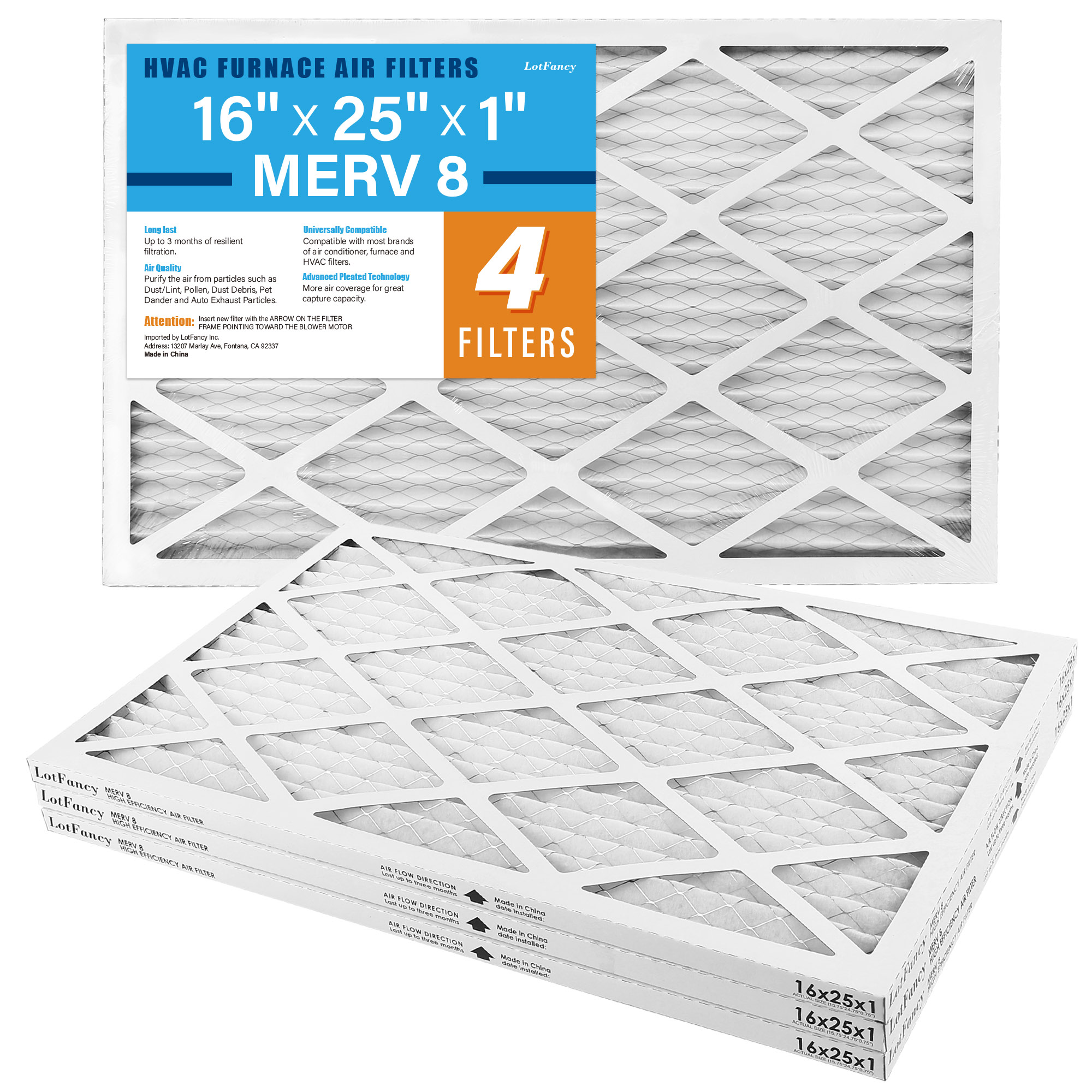 LotFancy 16x25x1 Air Filters, 4 Pack, MERV 8 Pleated HVAC AC Furnace