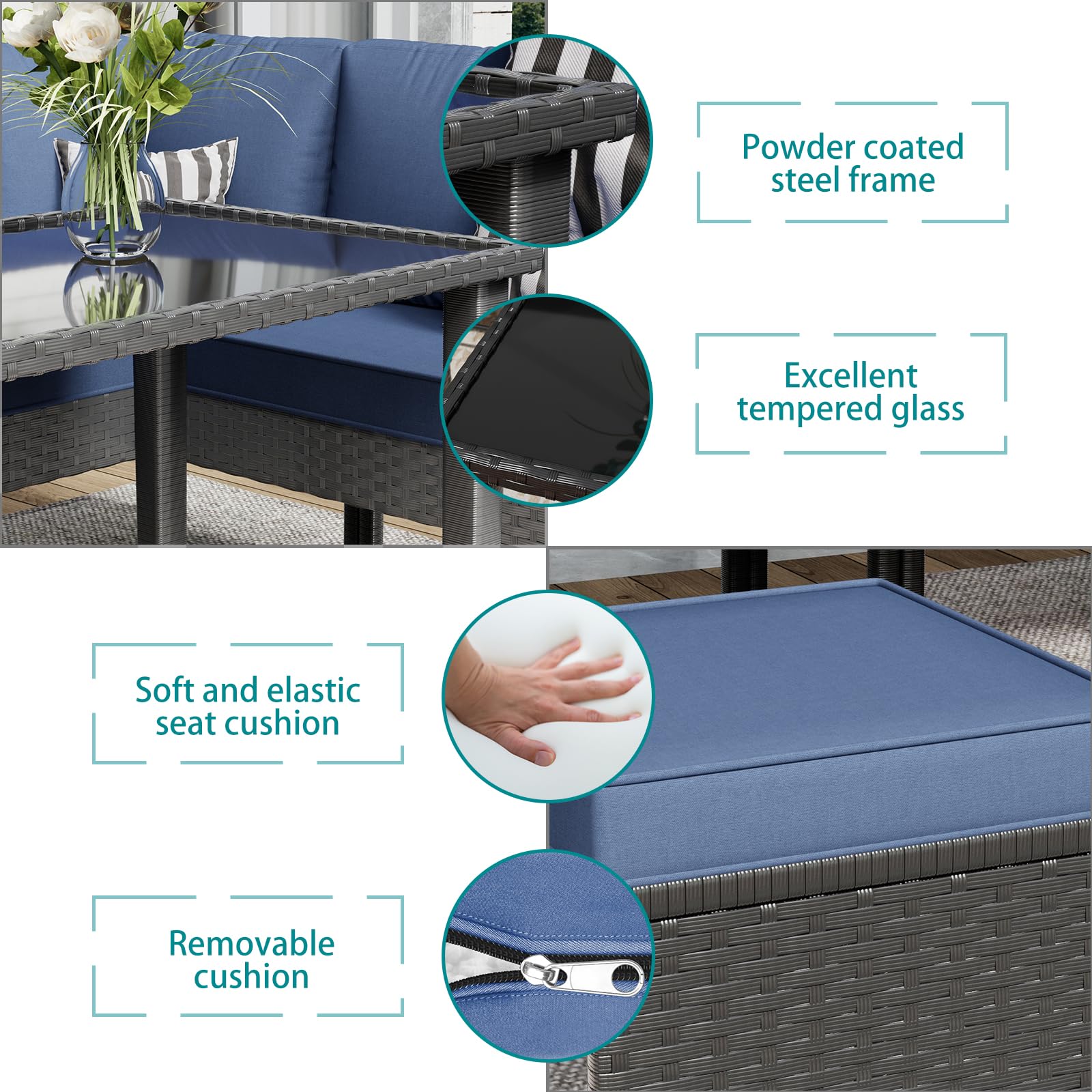 Tappio 10 Pieces Outdoor Patio Furniture Set, PE Rattan Wicker Patio Conversation Sectional Set with Ottoman, Table and Cushions for Backyard, Porch, Garden, Blue