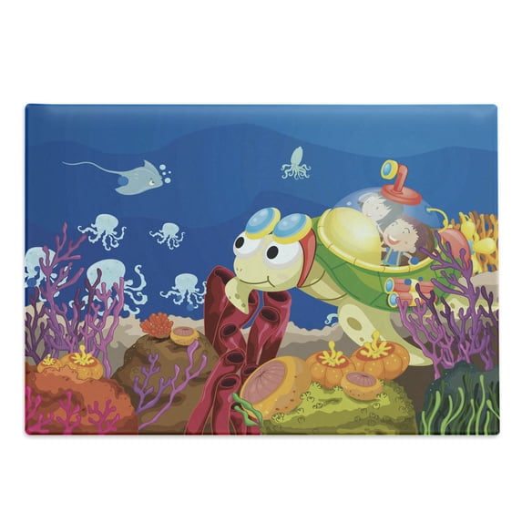 Turtle Cutting Board, Funny Character Carrying Underwater Coral Reef Octopus Design, Decorative Tempered Glass Cutting and Serving Board, Large Size, Multicolor, by Ambesonne