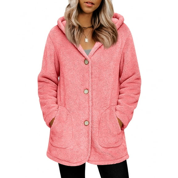 QHRMKOG Womens Fuzzy Sherpa Jacket Long Sleeve Button Down Fall Jacket Sherpa Warm Fleece Hoodie Outwear Soild Pink Oversized Womens Winter Coat with Pockets, Pink XL