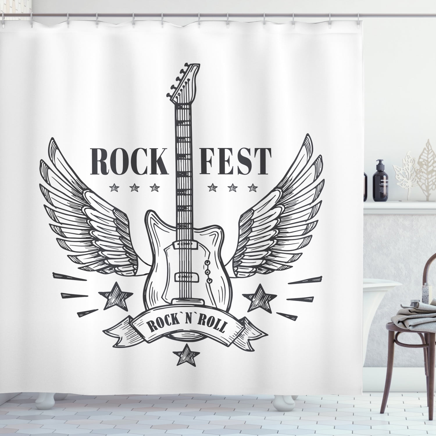 Hand Drawn Rock and Roll Sign Polyester Fabric Shower Curtain Bathroom w/ Hooks 