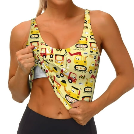 Qokaie Funny Construction Vehicles Pattern Womens Scoop Neck Sports Bra Breathable Workout Vest Padded U Back Medium Impact Fitness Gym Yoga Bra Workout Crop Top