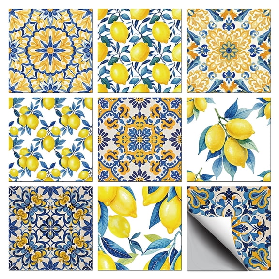 36 Pcs 9 Styles Lemon Patten Tile Sticker Geometric Pattern Wall Tile Stickers Waterproof Self Adhesive Stick on Decals 4×4 Inch