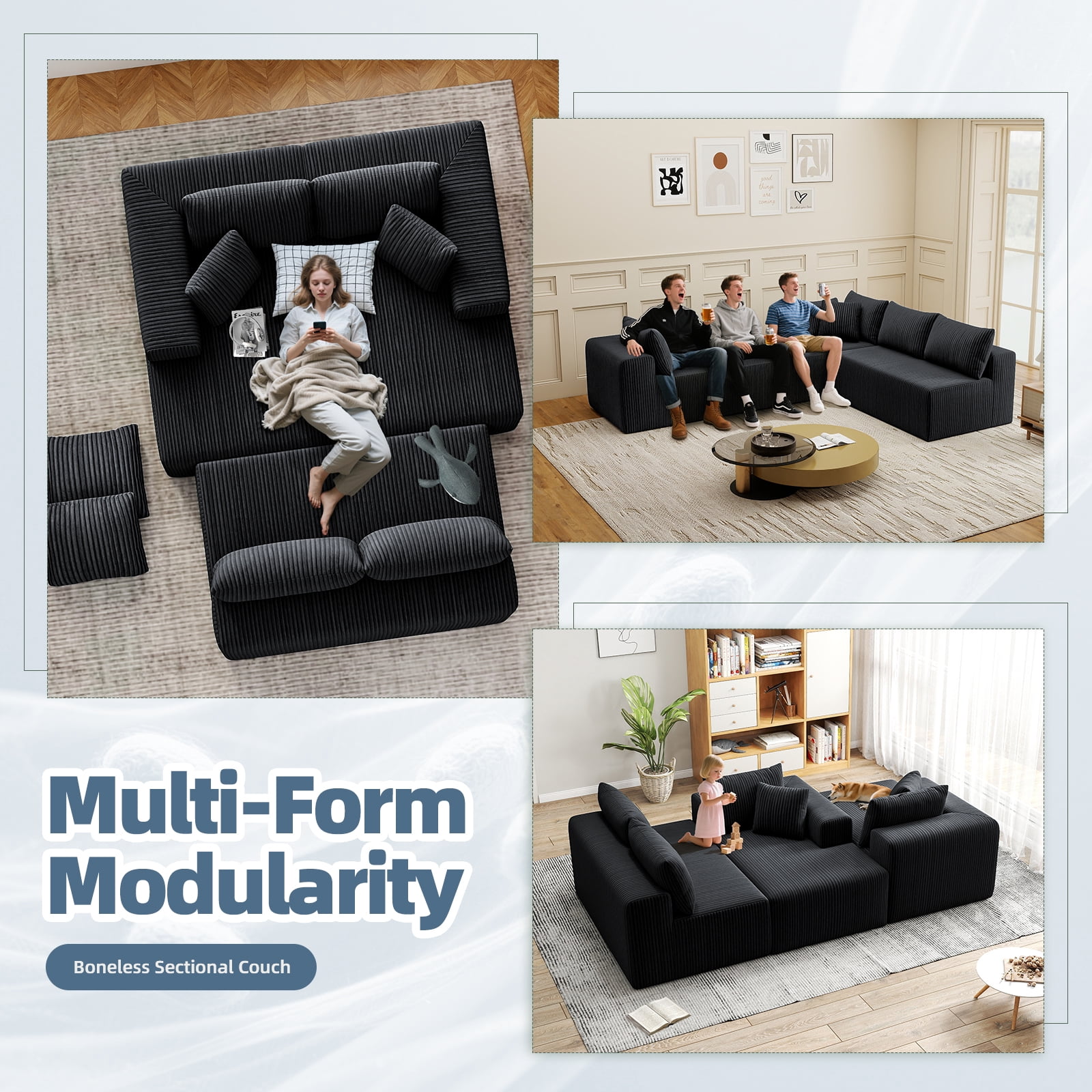 132''Modular Boneless Couches for Living Room, Corduroy Deep Seat Sofa with 2 Chaise Lounges and 1 Loveseat