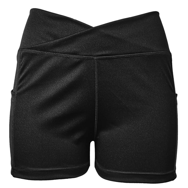 SAFRISIOR Women Casual Crossover Elastic V Waist Shorts Solid Comfy Workout  Yoga Running Sports Track Shorts with Pockets