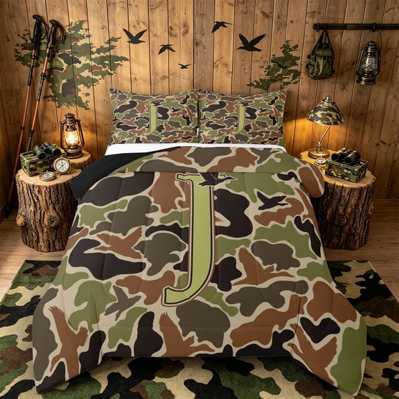 Castle Fairy Camo Duck Letter J Full Size Comforter Sets 3 Pieces for Men,Hunting Theme Bedding Sets for Rustic Art,Black Reversible