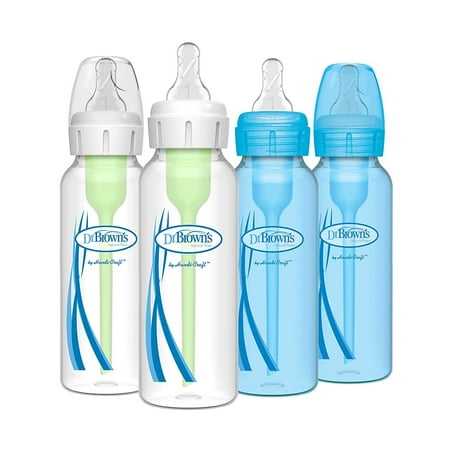 Dr. Browns Natural Flow Anti-Colic Options+ Narrow Baby Bottles, 8 oz/250ml, with Level 1 Slow Flow Nipple, 4 Pack, Blue/Clear