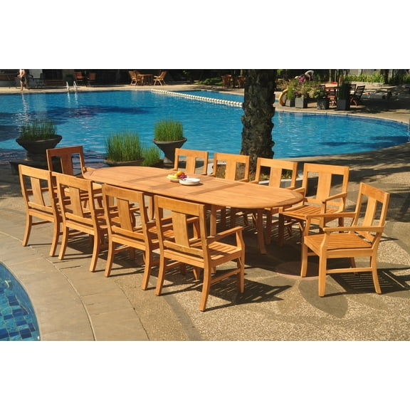 Grade-A Teak Dining Set: 10 Seater 11 Pc: 118" Double Extension Oval Table And 10 Osborne Arm Chairs Outdoor Patio WholesaleTeak #WMDSWVm