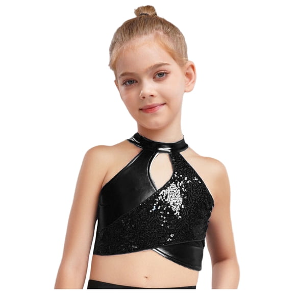 Raenseen Girls Jazz Latin Dance Tank Crop Top Sleeveless T-Shirt Sparkle Camisole Vest Modern Hip Hop Clothes Black 10