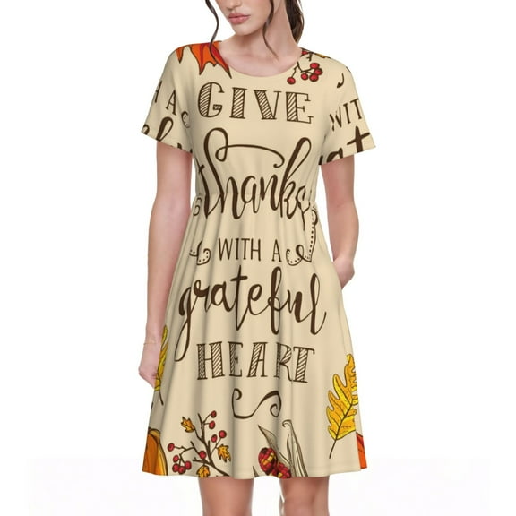 Defioc Thanksgiving With A Grateful Heart Pattern Womens Summer Dresses Short Sleeve Sundress 2025 Beach Vacation Dresses with Pockets -Small
