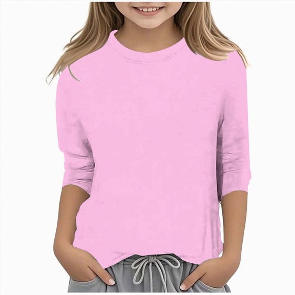 enyan Kids Girls 3/4 Sleeve T Shirts Cute Casual Crewneck Tops Fall Winter Basic Tees Blouse for Girl(Pink,10-11 Years)