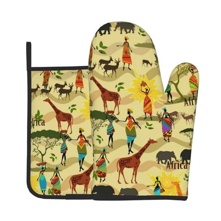 

KLL Ethnic African Pattern Oven Mitts and Pot Holders 2pcs Sets for Kitchen Oven Mitt Heat Resistant 536°F Oven Gloves for Kitchen Cooking and Baking