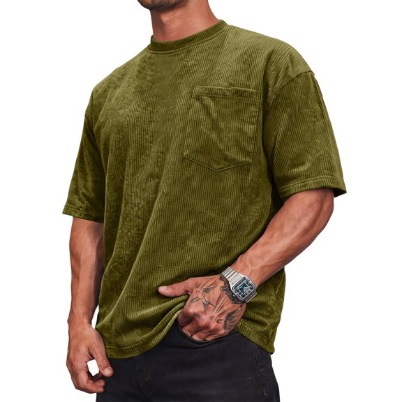Yifymode Men's Corduroy Crew Neck Short Sleeve T-Shirt, Loose Fit with Chest Pocket Basic Casual Top Army Green L