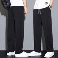 thumbnail image 2 of Men Pants Mid-Rise Elastic Waistband Sweatpants Drawstring Pocket Wide Leg Ribbed Ultra-Thin Ice Silk Casual Trousers Streetwear, 2 of 5