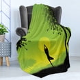 thumbnail image 4 of Yoga Soft Flannel Fleece Throw Blanket, Meditating Lady Under Sunset Sky in Forest Serenity Balance Soul Nature Art, Cozy Plush for Indoor and Outdoor Use, 60" x 80", Green Black Yellow, by Ambesonne, 4 of 5