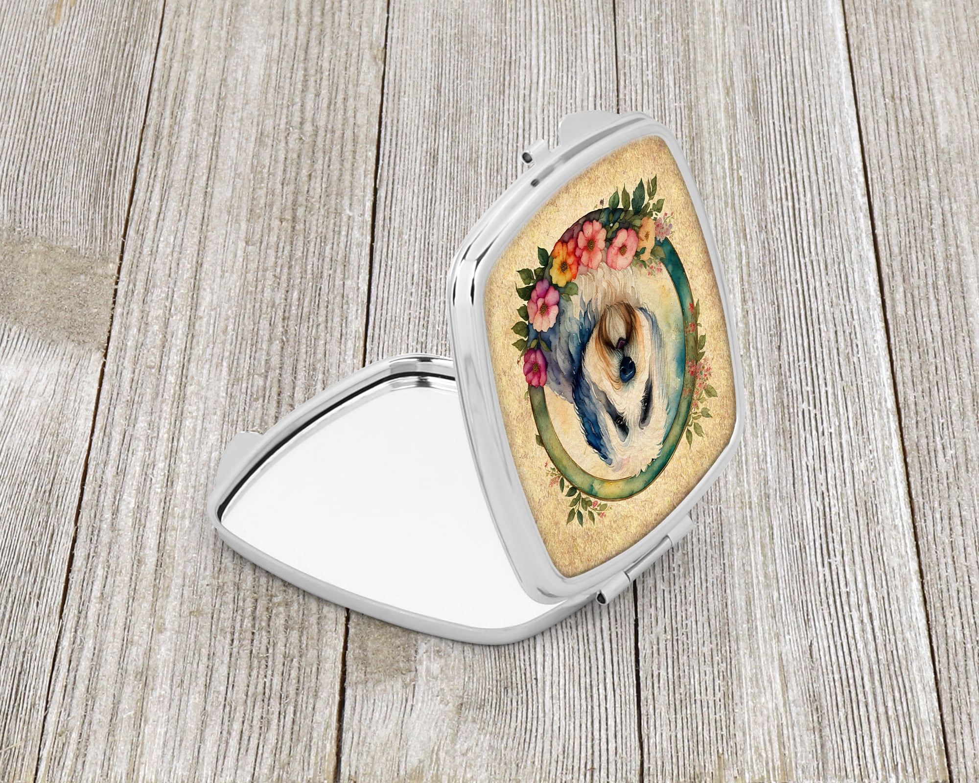 Old English Sheepdog and Flowers Compact Mirror 2.75 in x 3 in