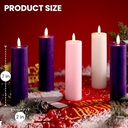 Pillar Advent Candles Set of 5, Battery Operated Advent Candle Set with Remote and Timer, 2x7 Pink and Purple Pillar Candle Set, Flameless Advent Candles for Advent Wreath Pillar Candle Holder