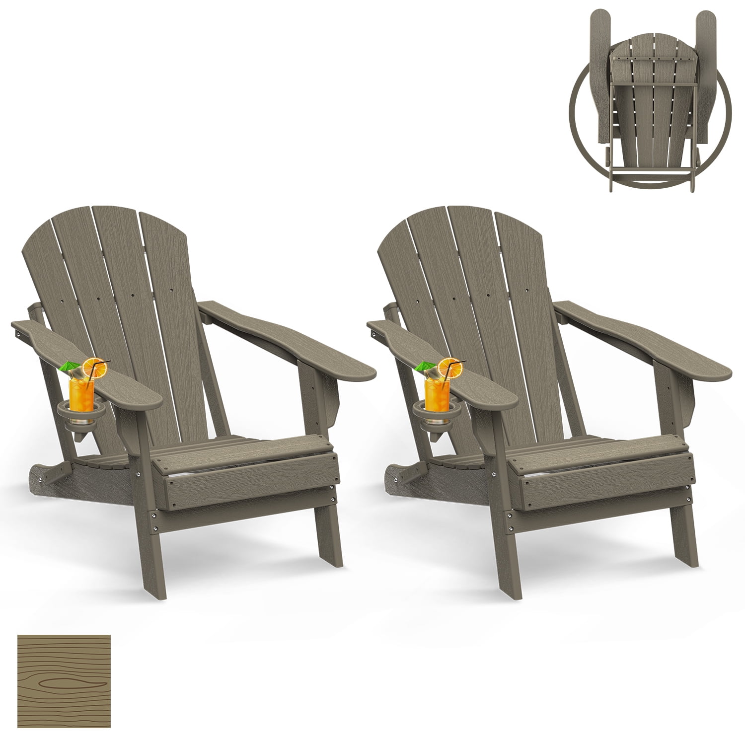 Folding Adirondack Chair HDPE Weather Resistant Patio Chairs w/Cup
