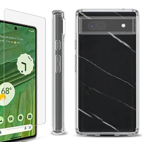 Shockproof Bumper Phone Case for Google Pixel 6a, with Tempered Glass Screen Protector, by OneToughShield ® - Marble / Black
