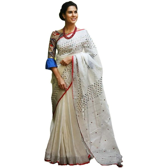 Ethnic Indian Women's Bhagalpuri Handloom Cotton Linen Saree with Red Border with Beautifully Decorate Soft tussels