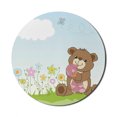 thumbnail image 1 of Flower Mouse Pad for Computers, Cartoon Style Teddy Bear with Toy in Meadow Swirled Flowers Butterfly and Cloud, Round Non-Slip Thick Rubber Modern Gaming Mousepad, 8" Round, Multicolor, by Ambesonne, 1 of 2