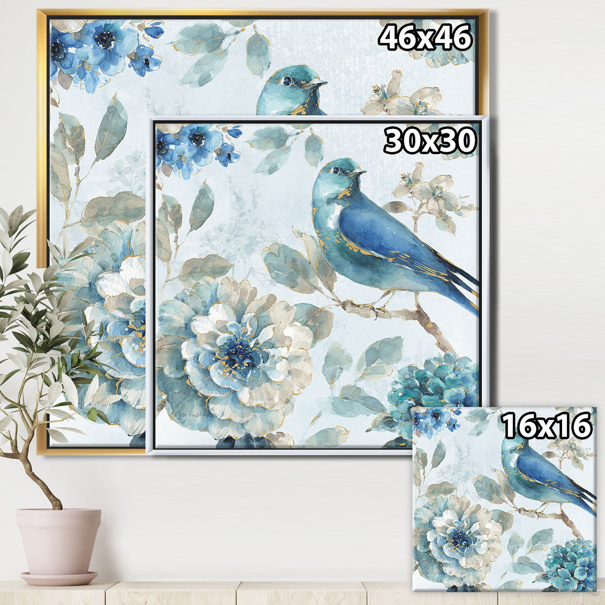 Designart ' Indigold Watercolor Lovely bird II ' Farmhouse Framed Canvas