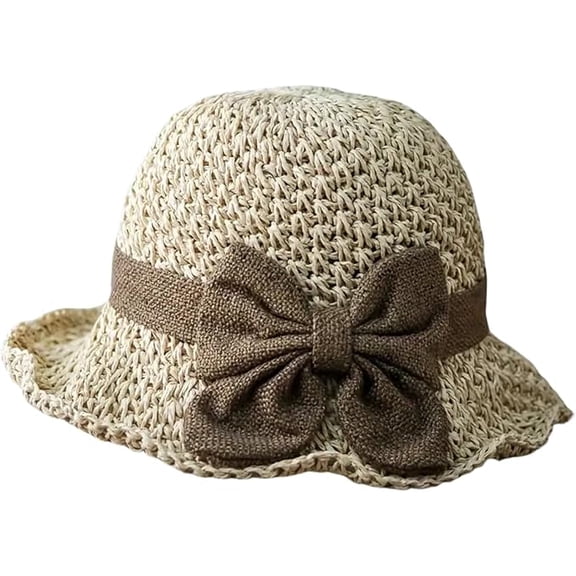 Womens Straw Hat Foldable Wide Brim Floppy Beach Sun Hats, Bucket Cap with Bowknot