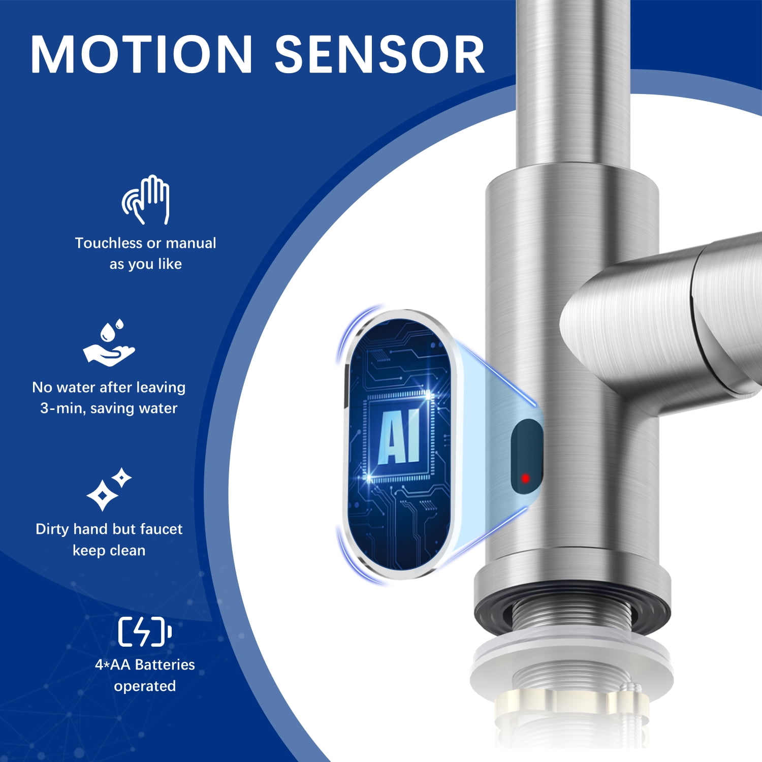APPASO Touchless Kitchen Faucet with Pull-Down Sprayer, Kitchen Sink Faucet Touchless Brushed Nickel, Single Handle Hands-Free Motion Sensor Faucets Suitable for 1 or 3-Hole Sink, Stainless Steel