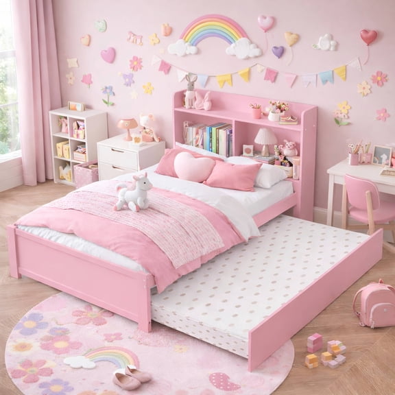 UHOMEPRO Twin Bed Frame with Pull-Out Trundle and Bookcase Headboard, Storage Bed for Shared Rooms and Small Bedrooms, No Box Spring Needed, Pink