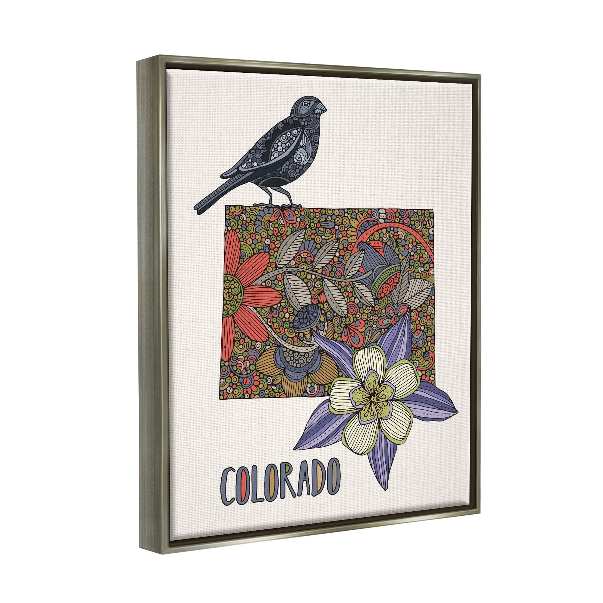 Stupell Industries Colorado State Flower & Bird Detailed Flower Pattern Graphic Art Luster Gray Floating Framed Canvas Print Wall Art, Design by Valentina Harper