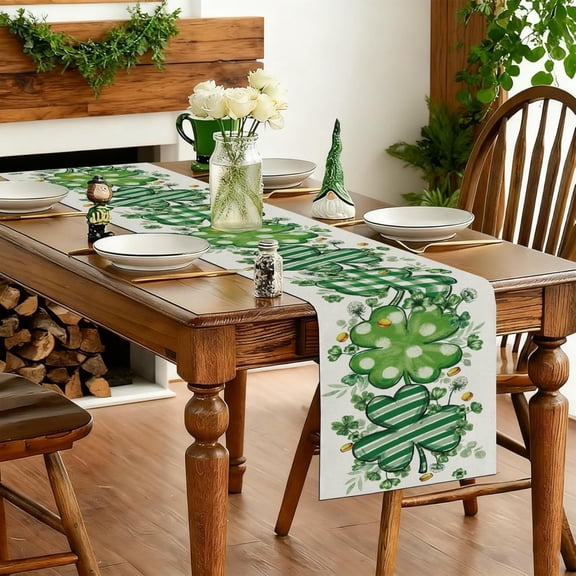St. Patrick's Day Table Runner, Irish Shamrock Decorations, Clover Patterned Kitchen Dining Table Scarf, Heat Resistant Washable Table Cover for Party, Festival, Holiday, Home Decor, Green Themed