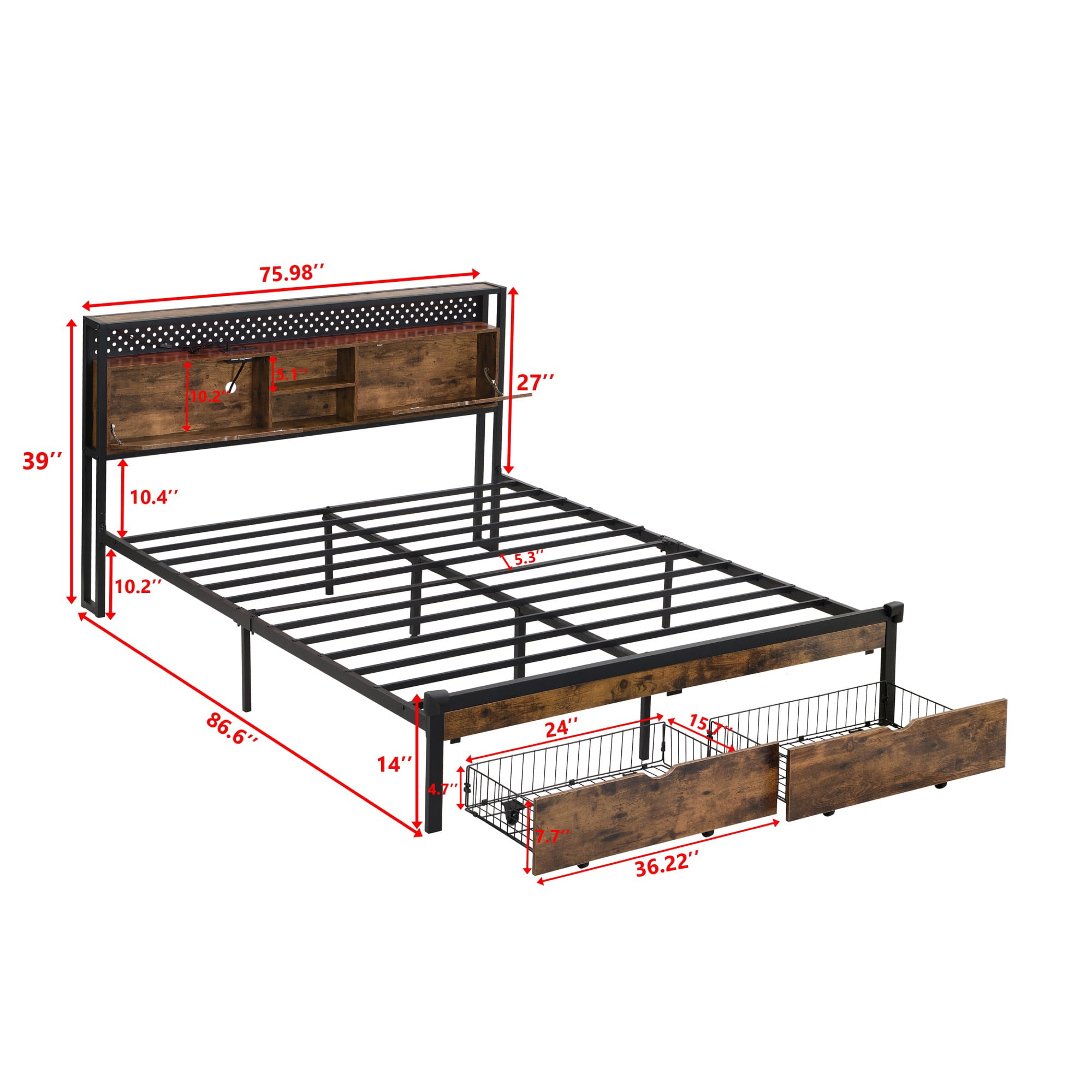 King Size Solid and Stable Metal Platform Bed Frame with Wooden Headboard and with Footboard USB,Charging Station, 2 Drawers,Storages, No Box Spring Needed, Easy Assemble (Black)