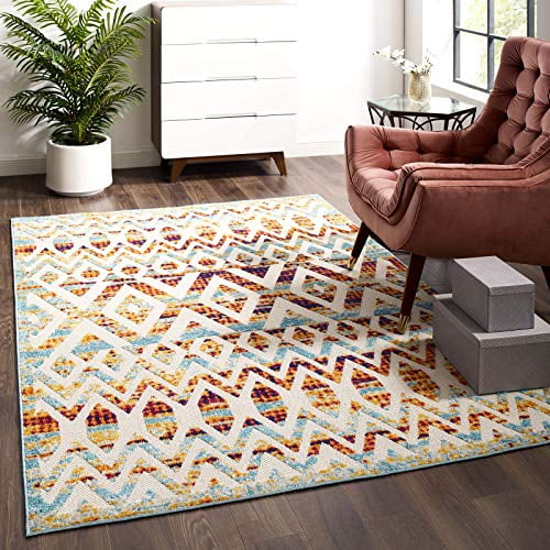Modway Reflect Tamako Distressed Vintage Diamond and Chevron Moroccan Trellis 5x8 Indoor and Outdoor Area Rug, Multicolored
