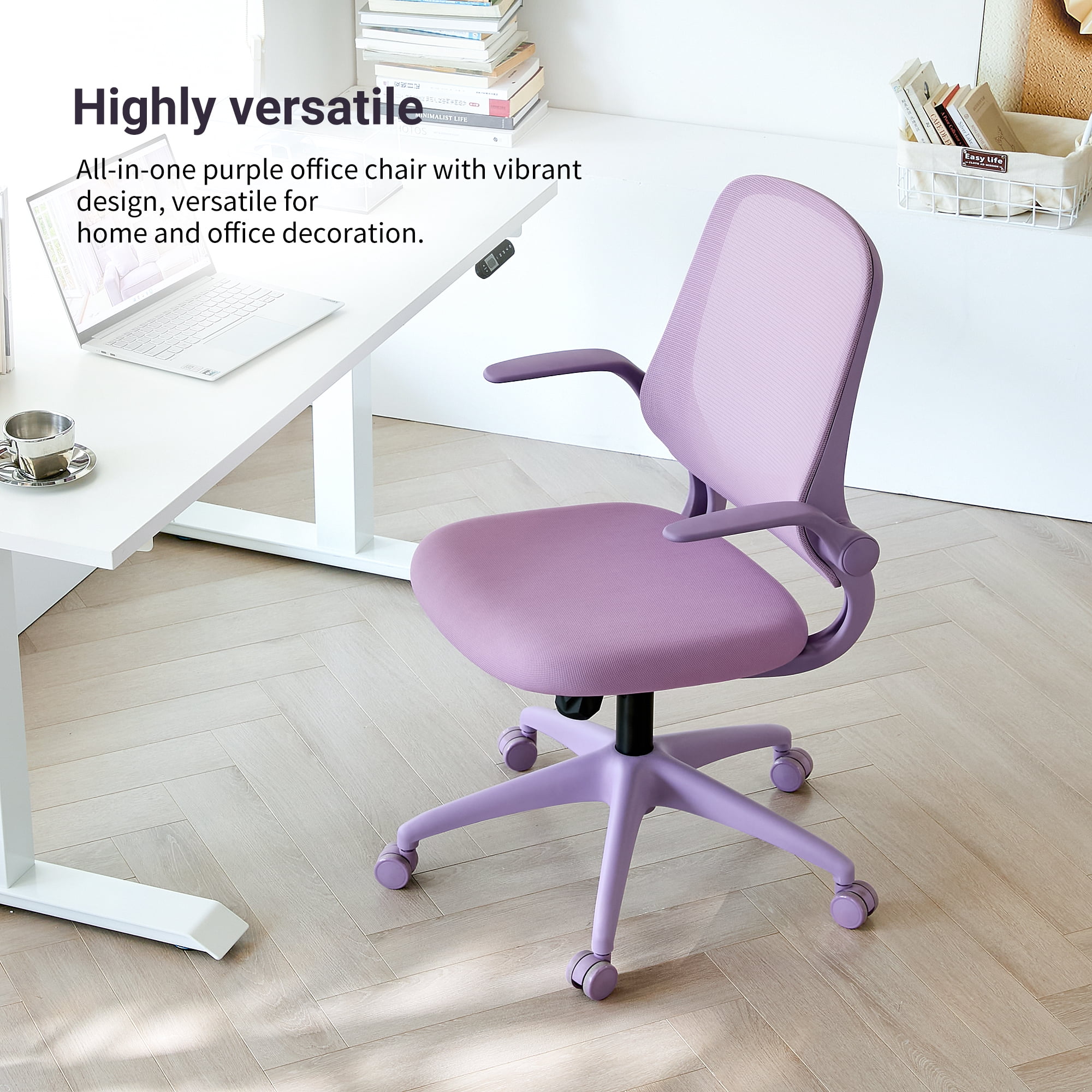 HOQBN Ergonomic Office Chair with Flip-Up Armrests, Breathable Mesh Back, Integrated Molded Foam Seat, 350lb Capacity,Purple