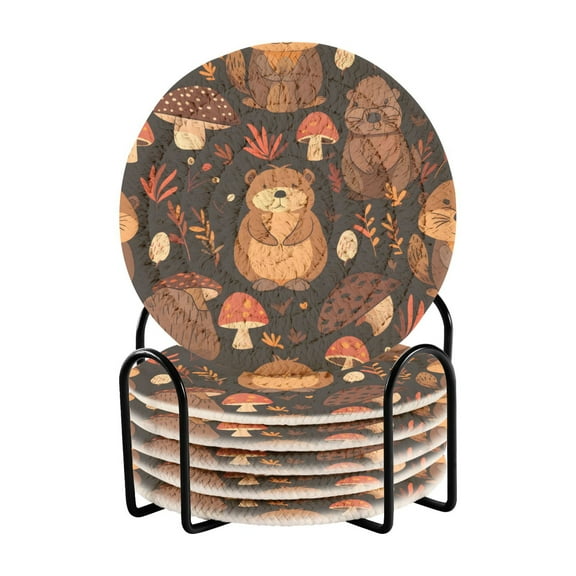 Cute Beaver and Mushroom Coasters with Holder for Coffee Table 6 Pcs Drink Coaster Sets Absorbent for Home Decor 4 inch