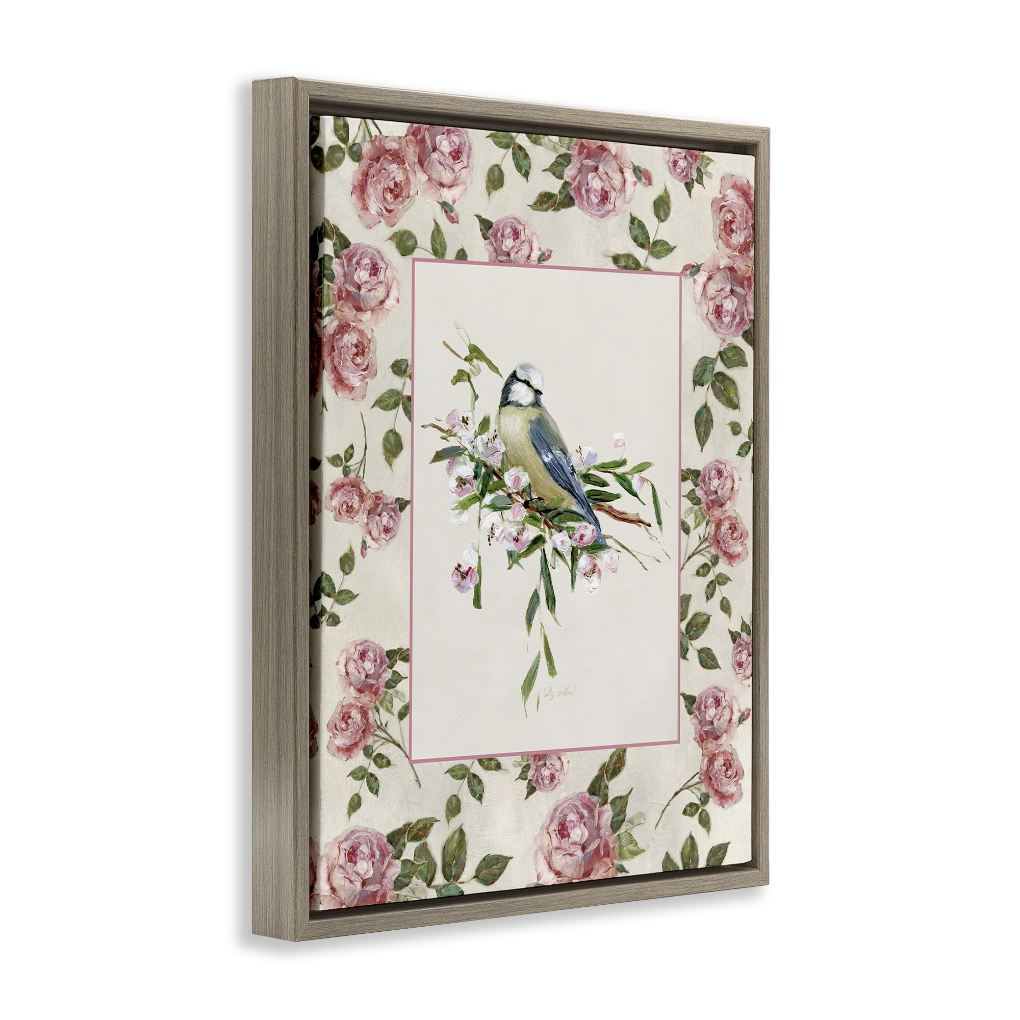 Stupell Industries Dainty Roses & Perched Bird Brown Framed Floater Canvas Wall Art, design by Sally Swatland