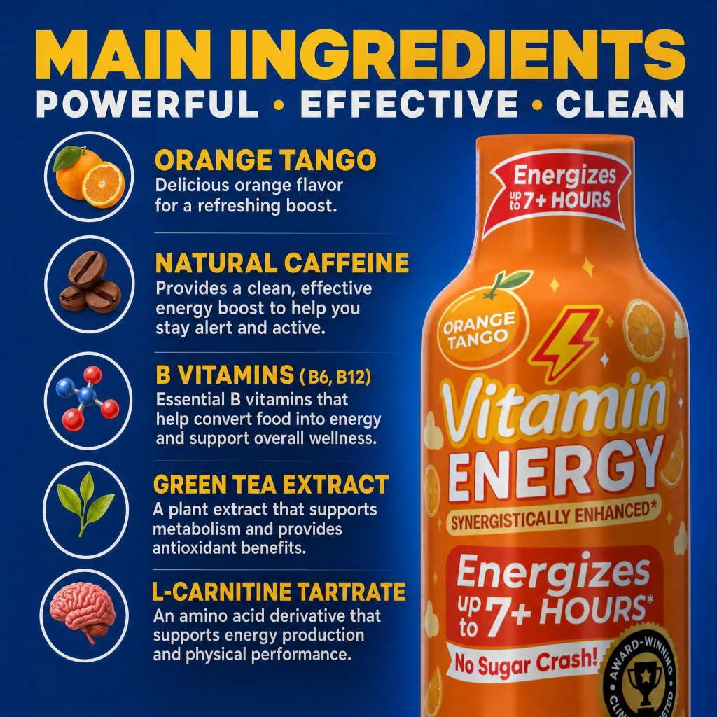 Vitamin Energy Immune+ Extra Strength Shot, Orange Burst, 12 Pack – 260mg Natural Caffeine, B-Vitamins & Citicoline, Zero Sugar, 1.93 fl oz