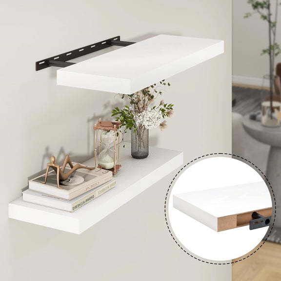 24 inch Floating Shelves for Wall,9.3 inch deep White Wood Shelves with Invisible Brackets,Wall Mounted Storage & Display Shelves for Bedroom,Living Room,Set of 2