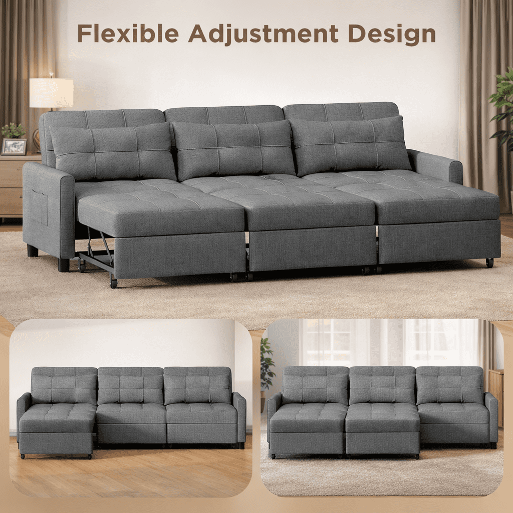 Convertible Sofa Bed, 3 Seater Sectional Sleeper Sofa with Adjustment Backrest & Side Pocket, Pull out Couch for Living Room, Bedroom, Apartment, Dark Gray